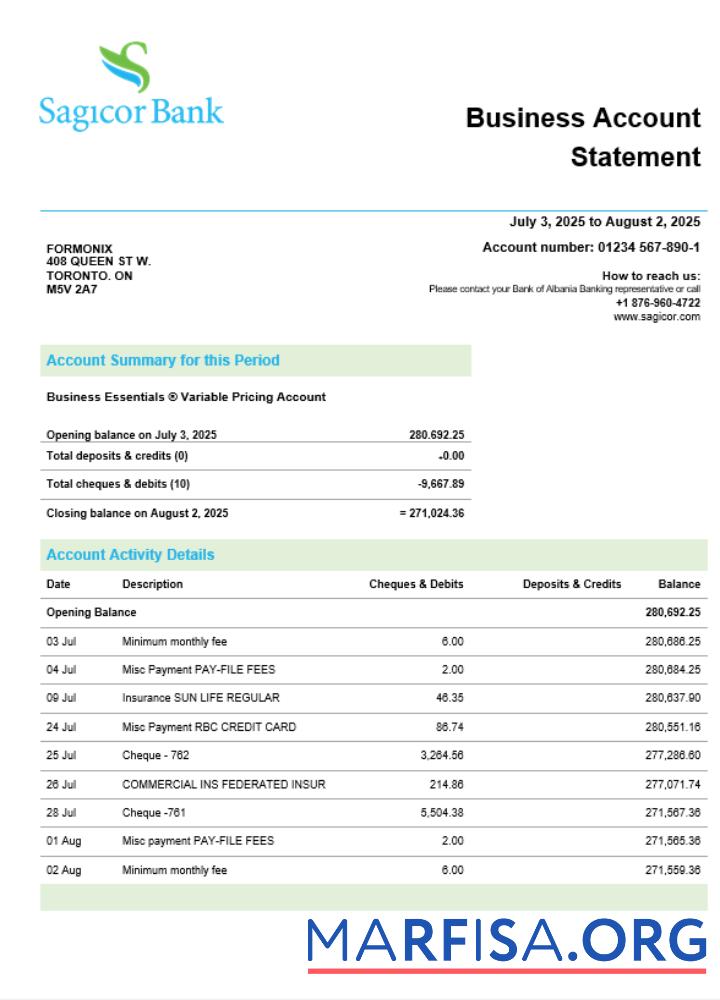 Realistic Sagicor Bank company checking account statement Word and PDF template
